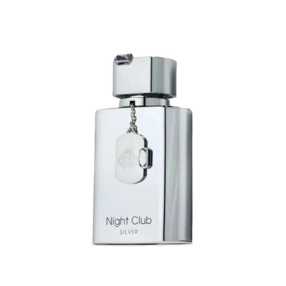 Silver perfume bottle labeled 'Night Club Silver' on a white background