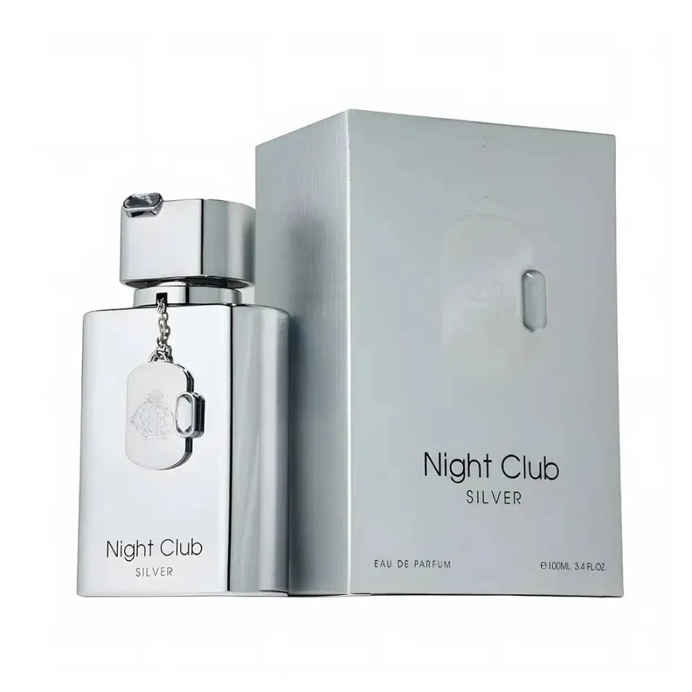 Perfume bottle and packaging of 'Night Club Silver' on a white background