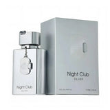 Perfume bottle and packaging of 'Night Club Silver' on a white background