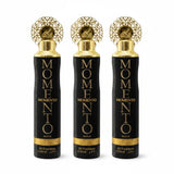 Three Momento air freshener bottles with black and gold design on a white background