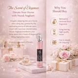 Advertisement for Nusuk Nagham perfume with product and promotional text on a pink background.