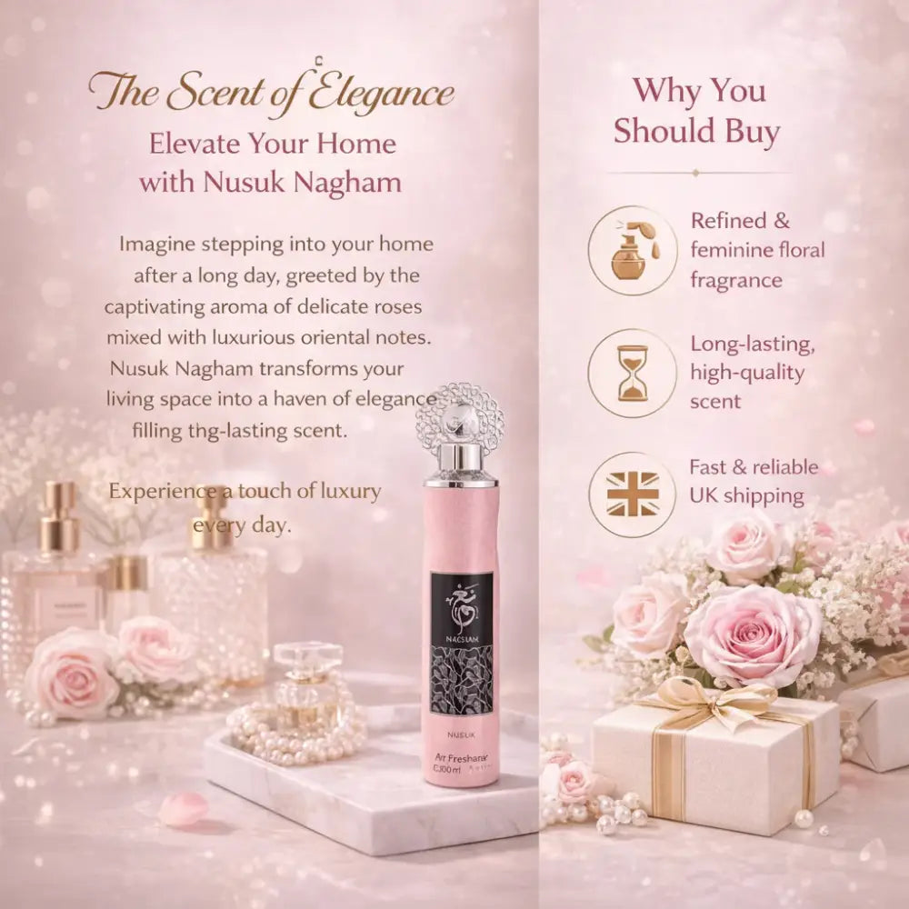 Advertisement for Nusuk Nagham perfume with product and promotional text on a pink background.