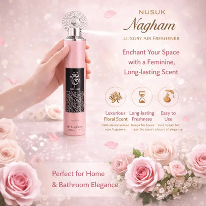 Nusuk Nargham air freshener with floral design and text on a pink background