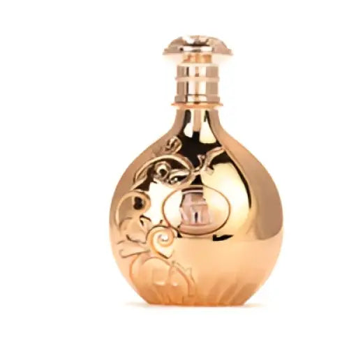 Golden ornate liquor bottle with engraved floral patterns and metallic finish for arabiyat prestige nyla edp fresh citrus fragrance