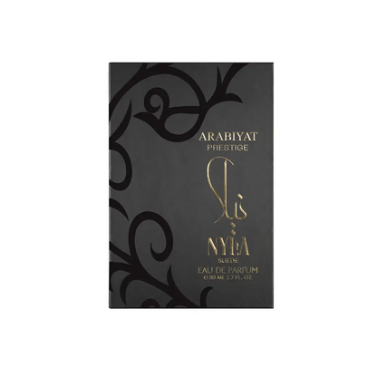 Black rectangular nyla suede edp 80ml box with gold foil lettering and ornate black swirl patterns by arabiyat prestige