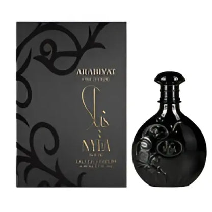 Black glass nyla suede edp 80ml bottle with ornate silver detailing and suede woody fragrance in elegant box