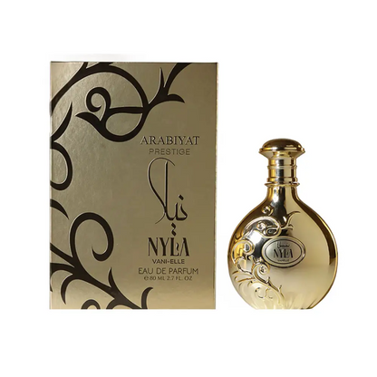Gold-colored intricately engraved nyla vani-elle parfum 80ml bottle with matching cap from arabiyat prestige gourmand vanilla fragrance