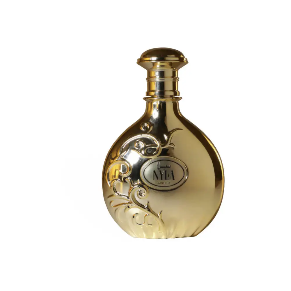 A luxurious gold-colored parfum 80ml bottle with embossed floral designs from nyla vani-elle arabiyat prestige