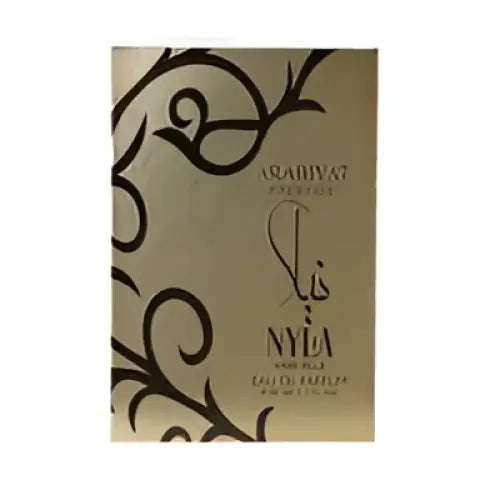 Gold-colored rectangular parfum 80ml box with black ornate swirls and arabic script for nyla vani-elle arabiyat prestige