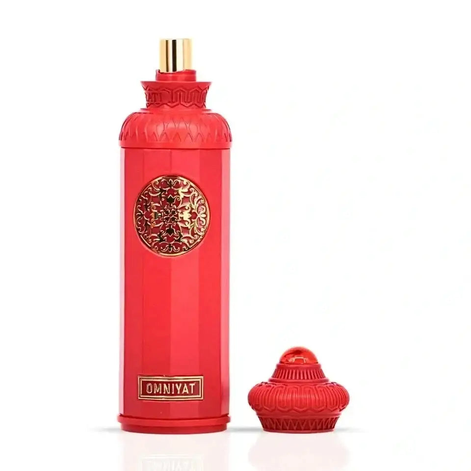 Vibrant red cylindrical perfume bottle with gold embossed detailing and matching cap for Omniyat Eau De Parfum 140ml Surrati Heritage