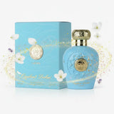 Light blue opulent dubai eau de parfum bottle with gold accents and embossed design featuring heart notes unisex fragrance
