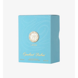 Light blue rectangular box for lattafa opulent dubai unisex fragrance featuring gold-embossed logo and elegant script