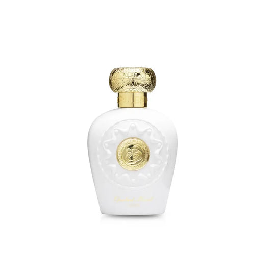 White perfume bottle with gold cap on a white background Opulent Musk 100m