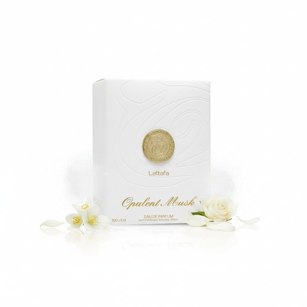 Lattafa Opulent Musk perfume box on a white background
