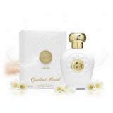 White and gold perfume bottle with packaging on a white background