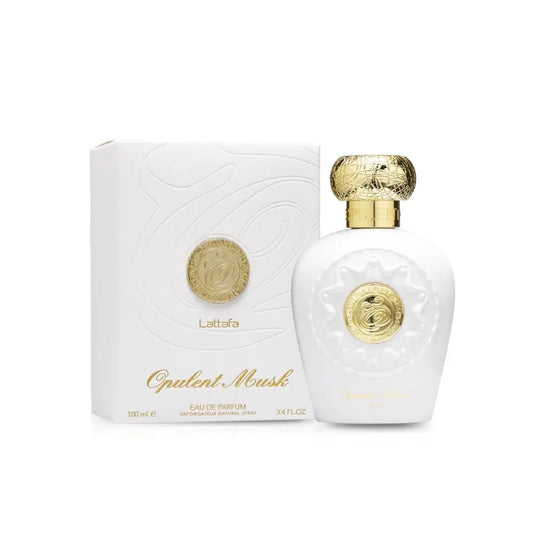 White and gold perfume bottle with packaging on a white background