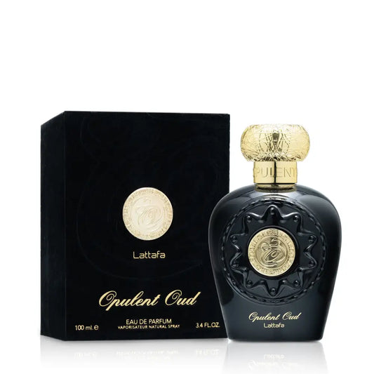Black Lattafa Opulent Oud perfume bottle with gold cap and packaging on a white background