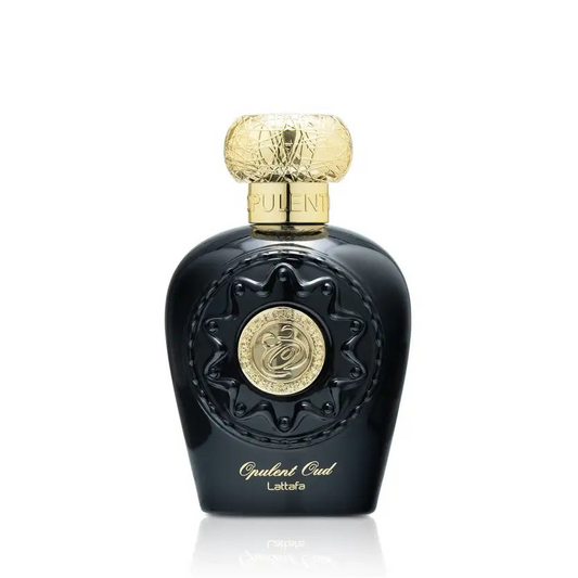 Black and gold perfume bottle on a white background