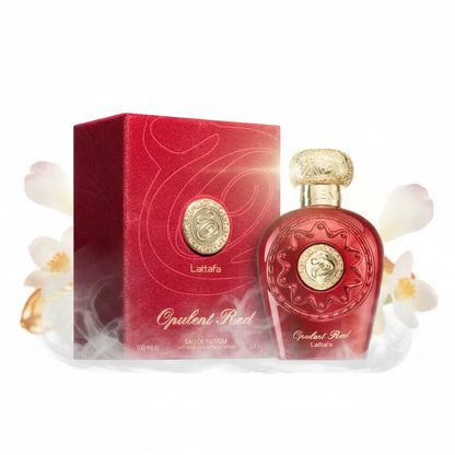 Red glass perfume bottle with gold accents and embossed design opulent red eau luxurious oriental fragrance by lattafa