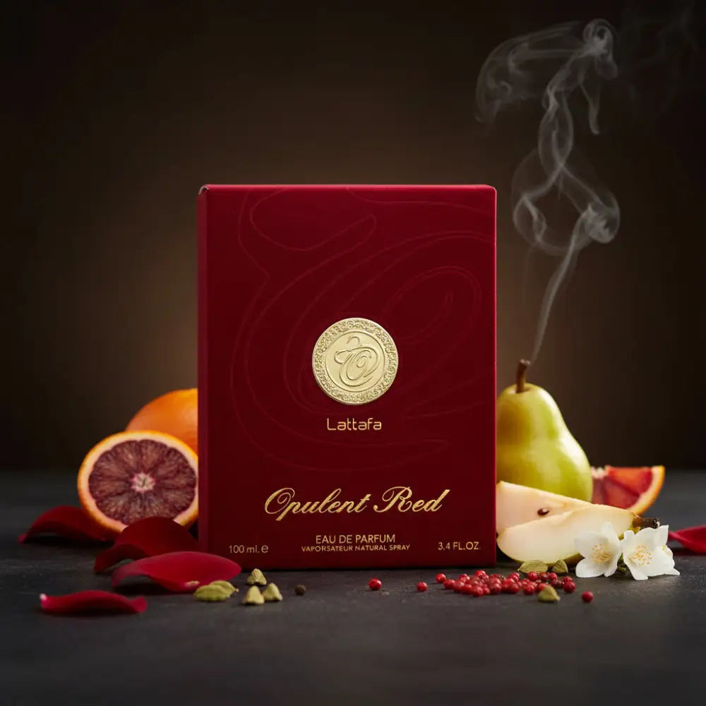 A luxurious red box of lattafa opulent red eau de parfum 100ml with gold emblem and elegant script for oriental spicy fragrance