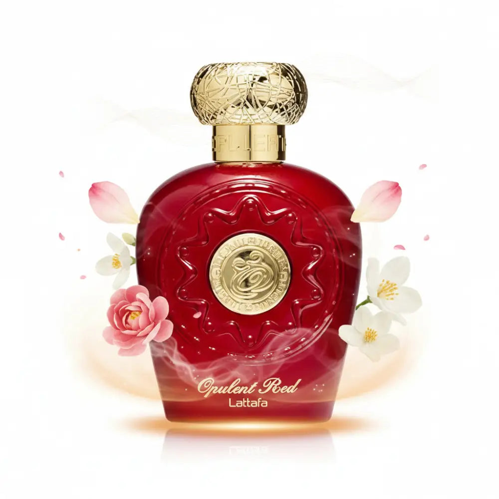 A luxurious red glass perfume bottle with gold embossed cap and opulent red eau label by lattafa featuring oriental spicy notes