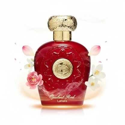A luxurious red glass perfume bottle with gold embossed cap and opulent red eau label by lattafa featuring oriental spicy notes