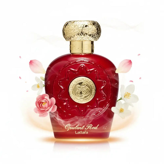 A luxurious red glass perfume bottle with gold embossed cap and opulent red eau label by lattafa featuring oriental spicy notes