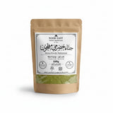 A brown resealable pouch of organic yemeni green henna powder labeled noor east herbal apothecary hadramout henna