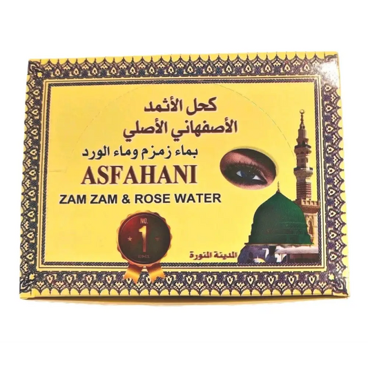 Authentic Asfahani Ithmid Kohl Eyeliner – 100% natural, purified with Zamzam & rose water. Matte black finish, cruelty-free, with applicator.