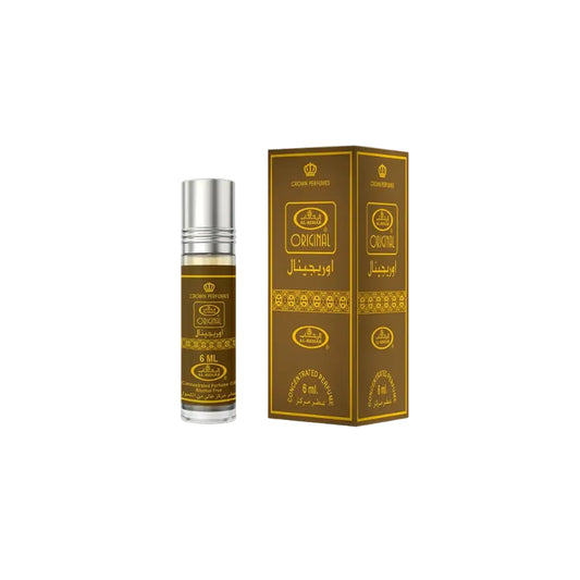 Silver-topped 6 ml roll-on concentrated perfume oil bottle from crown perfumes labeled original CPO 6ml Al Rehab