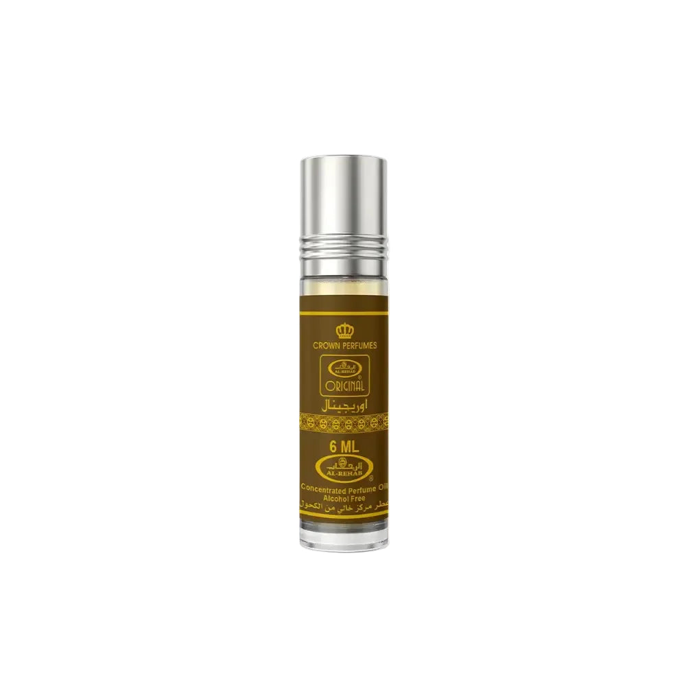 A sleek silver-topped roll-on concentrated perfume oil with brown label and gold accents by al rehab original cpo 6ml