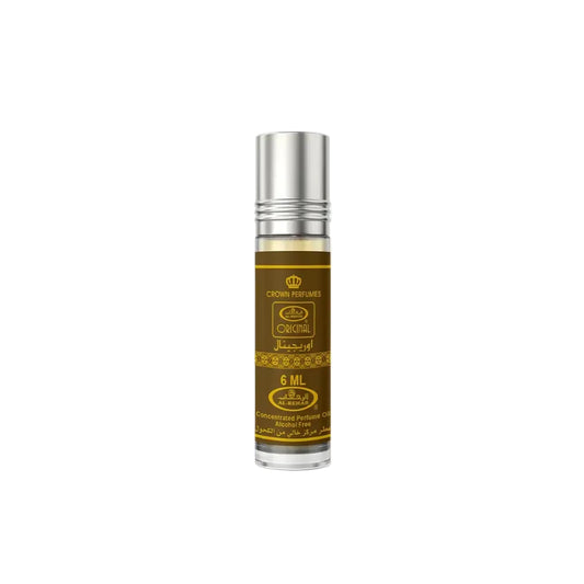 A sleek silver-topped roll-on concentrated perfume oil with brown label and gold accents by al rehab original cpo 6ml