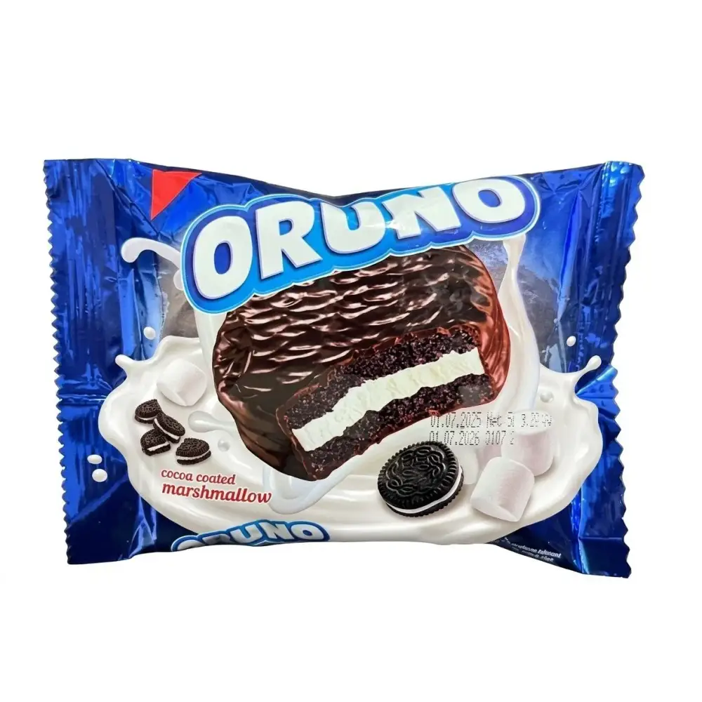 Oruno cocoa coated marshmallow sandwich biscuit box of 24 with blue and white packaging and cocoa coating