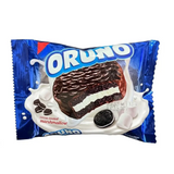 Oruno cocoa coated marshmallow sandwich biscuit box of 24 with blue and white packaging and cocoa coating