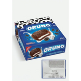 Blue and white oruno cocoa coated marshmallow sandwich biscuit box with cow print lid showing cookie in milk
