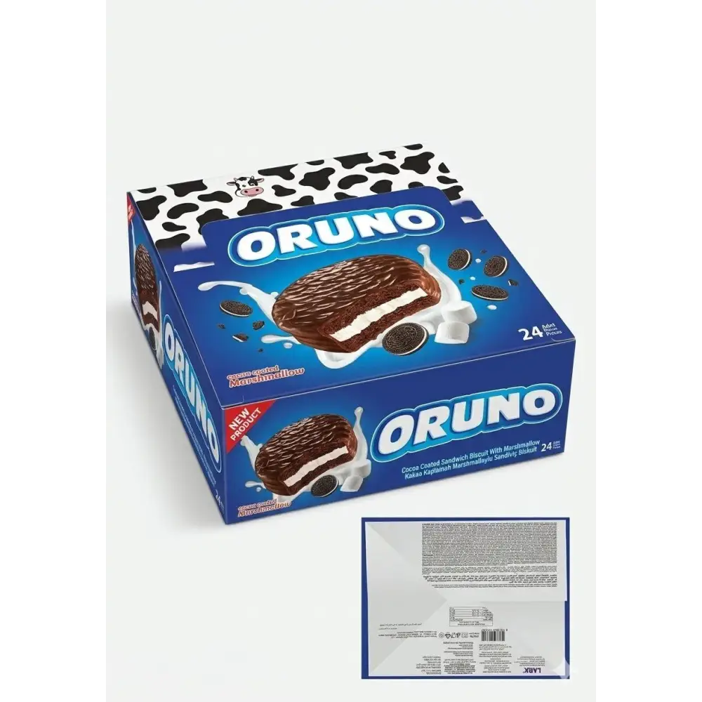 Blue and white oruno cocoa coated marshmallow sandwich biscuit box with cow print lid showing cookie in milk