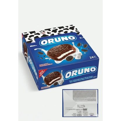 Blue and white oruno cocoa coated marshmallow sandwich biscuit box with cow print lid showing cookie in milk