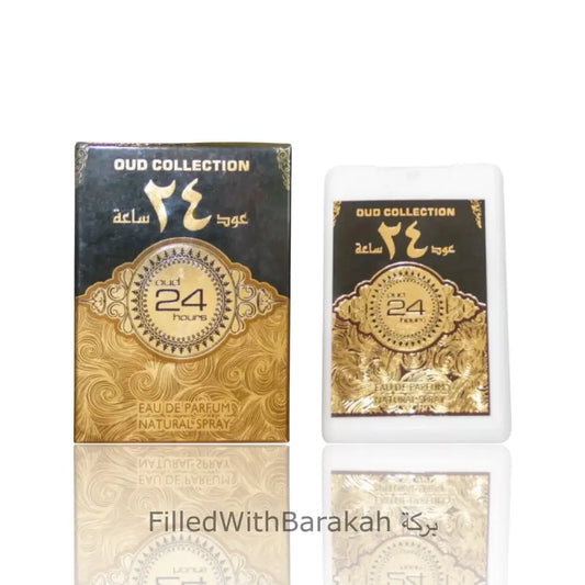 Gold-embossed black and white packaging for ard al zaafaran oud 24 hours edp 20ml pocket spray natural eau de parfum