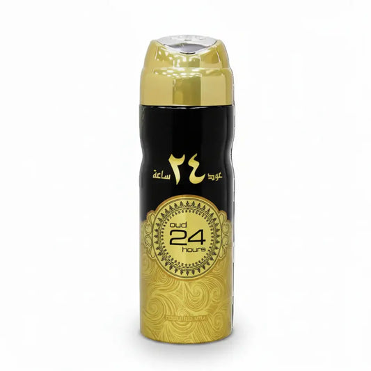 Oud 24 Hours Body Spray 200ml by Ard Al Zaafaran. Iconic oriental fragrance with cocoa, fruity & amber notes. Long-lasting freshness.