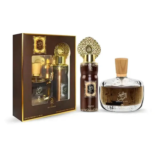 Elegant oud al layl edp 100ml and body spray 200ml luxury arabic fragrance set with dark brown bottles and gold arabic detailing