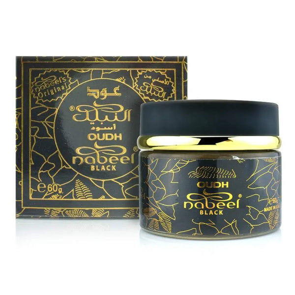 Oudh Nabeel Black jar and packaging on a white background Nabeel Black Bakhoor 60g – Premium Arabian Incense