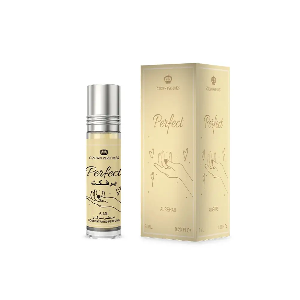 Perfect cpo 6ml al rehab concentrated perfume oil in clear glass roll-on bottle with silver cap and cream-colored box