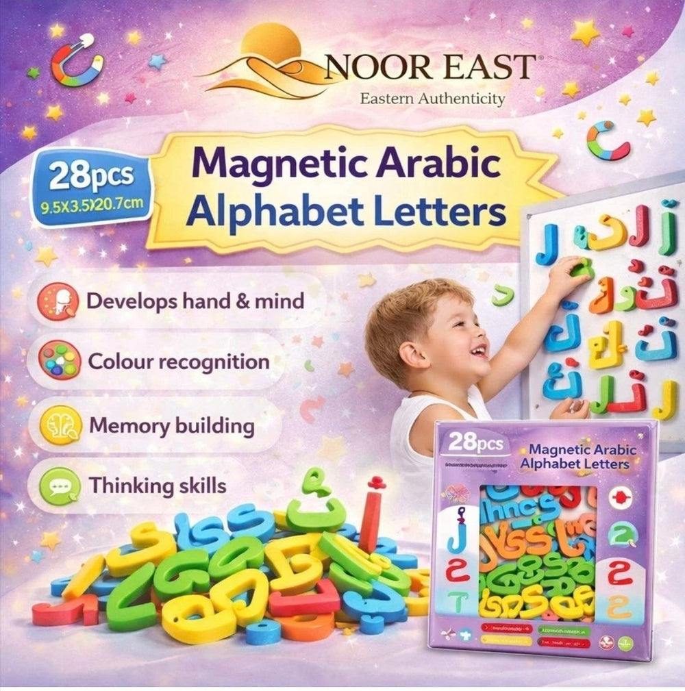 Noor East Magnetic Arabic Alphabet Letters toy set shown with colorful plastic letters, a child interacting with a white magnetic board, product text callouts, and the retail box on a pastel purple background.