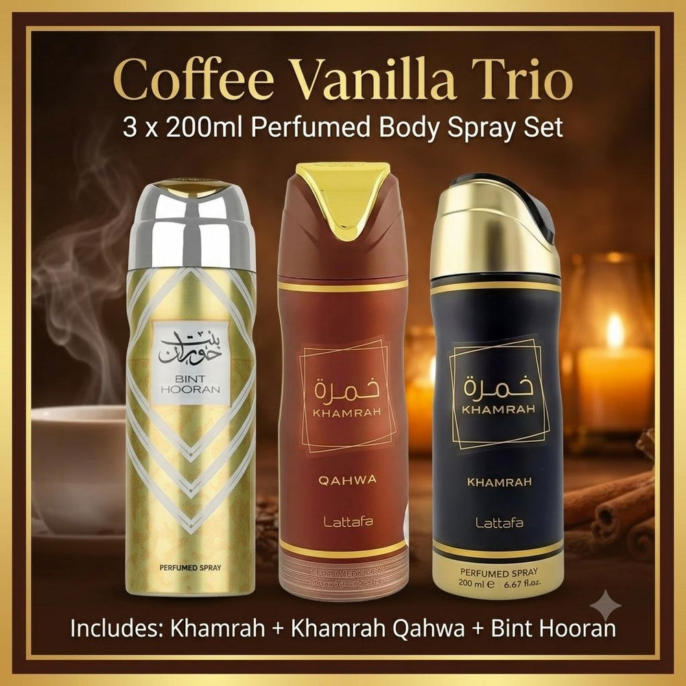 Three coffee-themed perfumed body spray bottles labeled Khamrah, Khamrah Qahwa, and Bint Hooran, arranged together under the title 'Coffee Vanilla Trio' on a warm brown background with candlelight and steam imagery.