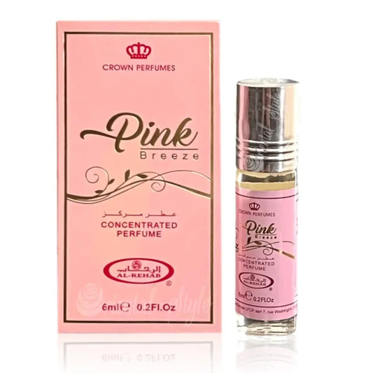 Pink breeze concentrated perfume oil roll-on by crown perfumes with silver cap and pink label in 6ml bottle