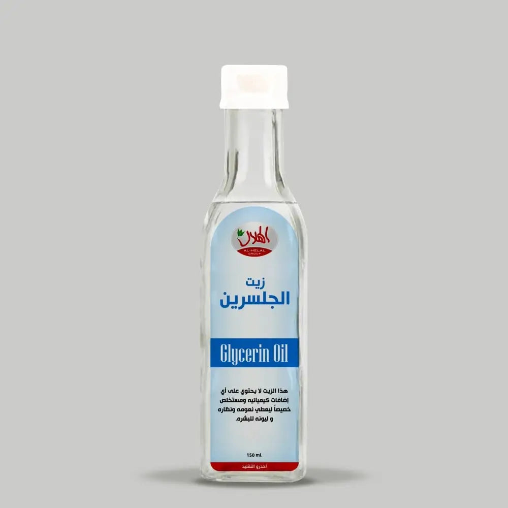 A clear glass bottle with white cap and light blue label of pure glycerin oil 150ml natural skin moisturizer