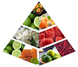 Triangular collage of various fruits, vegetables, flowers, and honeycomb.