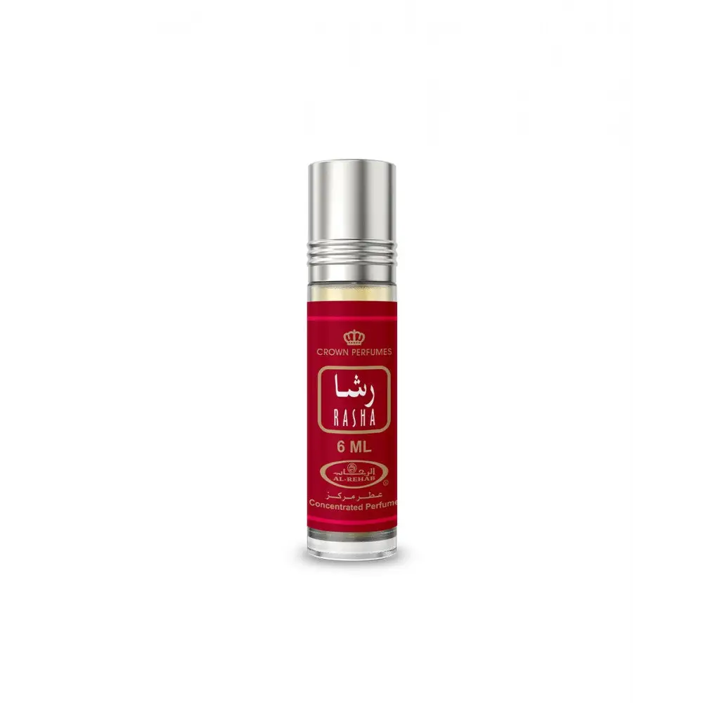 Red-labeled rasha roll-on concentrated perfume oil bottle with silver cap clear glass body 6 ml by al rehab