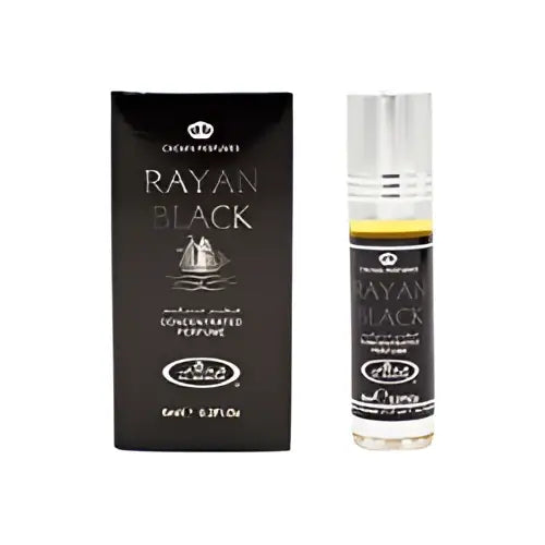 Rayan black concentrated perfume oil 6ml with black box gold lettering and silver bell emblem next to glass rollerball bottle