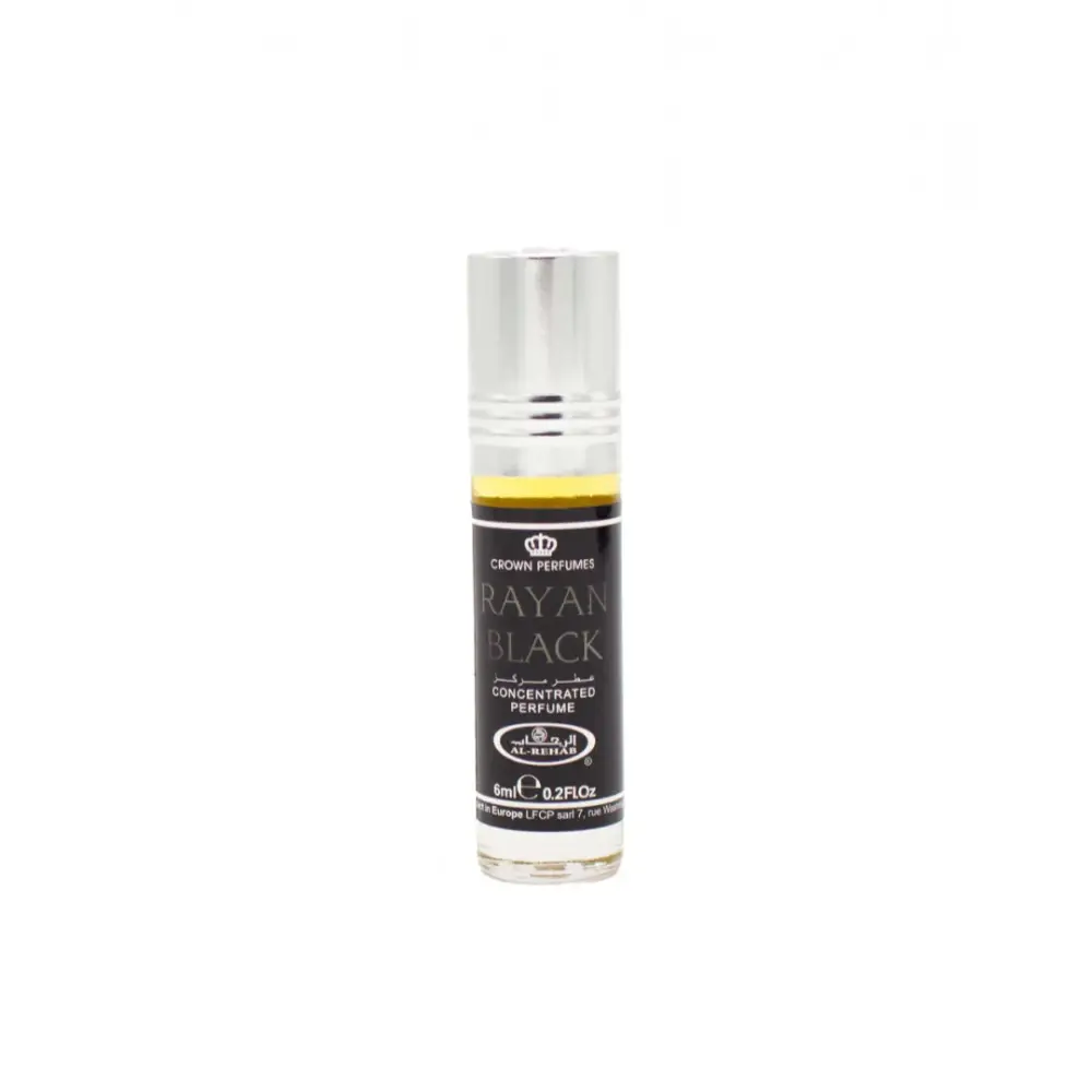 A sleek glass rollerball bottle of rayan black concentrated perfume oil 6ml by Al Rehab with golden-yellow oil and silver cap